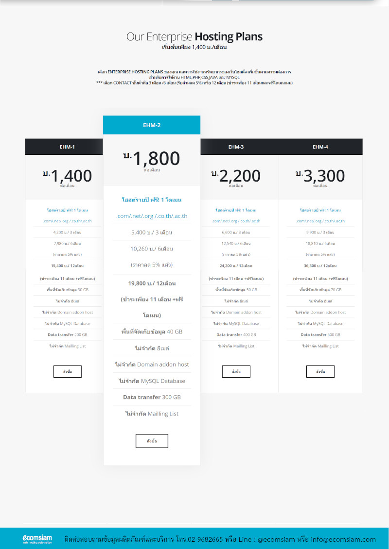 โบรชัวร์บริการ  Enterprise Web Hosting thai คุณภาพ บริการดี พื้นที่มาก  คุณภาพสูง  hosting พื้นที่มาก บริการดี  เพื่อใฃ้ MySQL ไม่จำกัดโดเมน ไม่จำกัดรายชื่ออีเมล์ ไม่จำกัดฐานข้อมูล  เริ่มต้นเพียง 1400 บาทต่อเดือน ฟรี SSL host รายปี ฟรี!โดเมนเนม ระบบควบคุมจัดการ Web hosting ไทย ด้วย Cpanel ที่ง่าย สะดวก และปลอดภัย Web hosting เพื่อใช้งานเว็บไซต์และอีเมล สำหรับธุรกิจของคุณ - ฟรีติดตั้ง Opensource software เช่น wordpress, joomla,zencart,oscommerce,opencart ... hosting ของเรามีระบบเก็บ log file ตามกฏหมาย มีความปลอดภัยในการใช้งาน พร้อมมีระบบสำรองข้อมูลรายวัน (daily backup) และ สำรองข้อมูลรายสัปดาห์ (weekly backup) ระบบป้องกันไวรัสจากอีเมล์ (virus protection) พร้อมระบบกรองสแปมส์เมล์หรือกรองอีเมล์ขยะ (Spammail filter) เริ่มต้นเพียง 2200 บาทต่อปี  สอบถามรายละเอียดเพิ่มเติม  โทร.หาเราตอนนี้เลย  02-9682665 หรือ line : @ecomsiam โฮสติ้งคุณภาพ บริการลูกค้าดี ดูแลดี  แนะนำเว็บโฮสติ้ง โดย ecomsiam.com