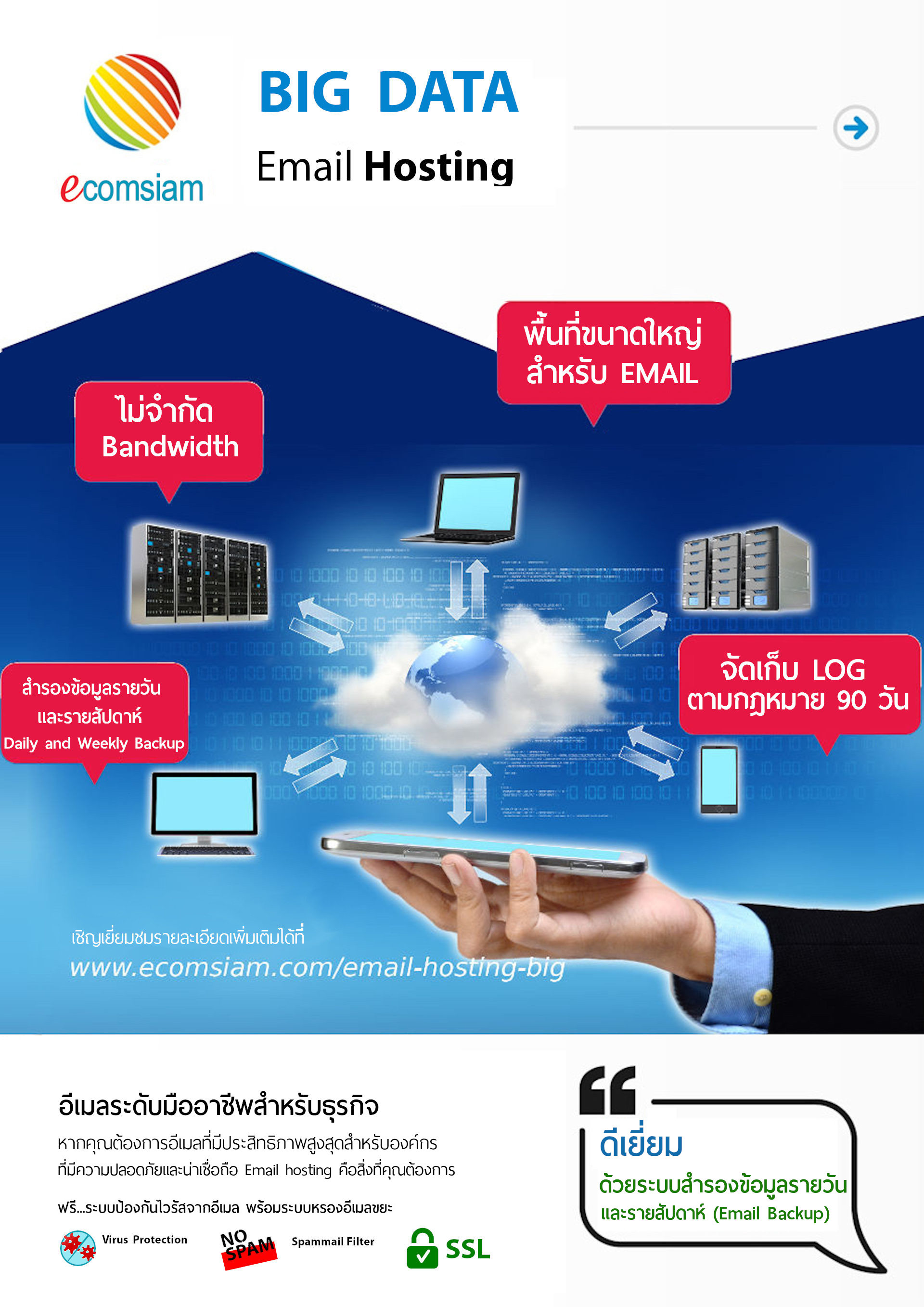 โบรชัวร์บริการ  email Hosting big mail คุณภาพ บริการดี พื้นที่มาก  คุณภาพสูง  hosting พื้นที่มาก บริการดี  ฟรี SSL host รายปี ฟรี!โดเมนเนม ระบบควบคุมจัดการ Web hosting ไทย ด้วย Cpanel ที่ง่าย สะดวก และปลอดภัย Web hosting เพื่อใช้งานอีเมล์ สำหรับธุรกิจของคุณ มีระบบเก็บ log file ตามกฏหมาย มีความปลอดภัยในการใช้งาน พร้อมมีระบบสำรองข้อมูลรายวัน (daily backup) และ สำรองข้อมูลรายสัปดาห์ (weekly backup) ระบบป้องกันไวรัสจากอีเมล์ (virus protection) พร้อมระบบกรองสแปมส์เมล์หรือกรองอีเมล์ขยะ (Spammail filter) เริ่มต้นเพียง 3000 บาทต่อปี  พื้นที่ 20 GB 20 email สอบถามรายละเอียดเพิ่มเติม  โทร.หาเราตอนนี้เลย  02-9682665 หรือ line : @ecomsiam โฮสติ้งคุณภาพ บริการลูกค้าดี ดูแลดี  แนะนำเว็บโฮสติ้ง โดย ecomsiam.com