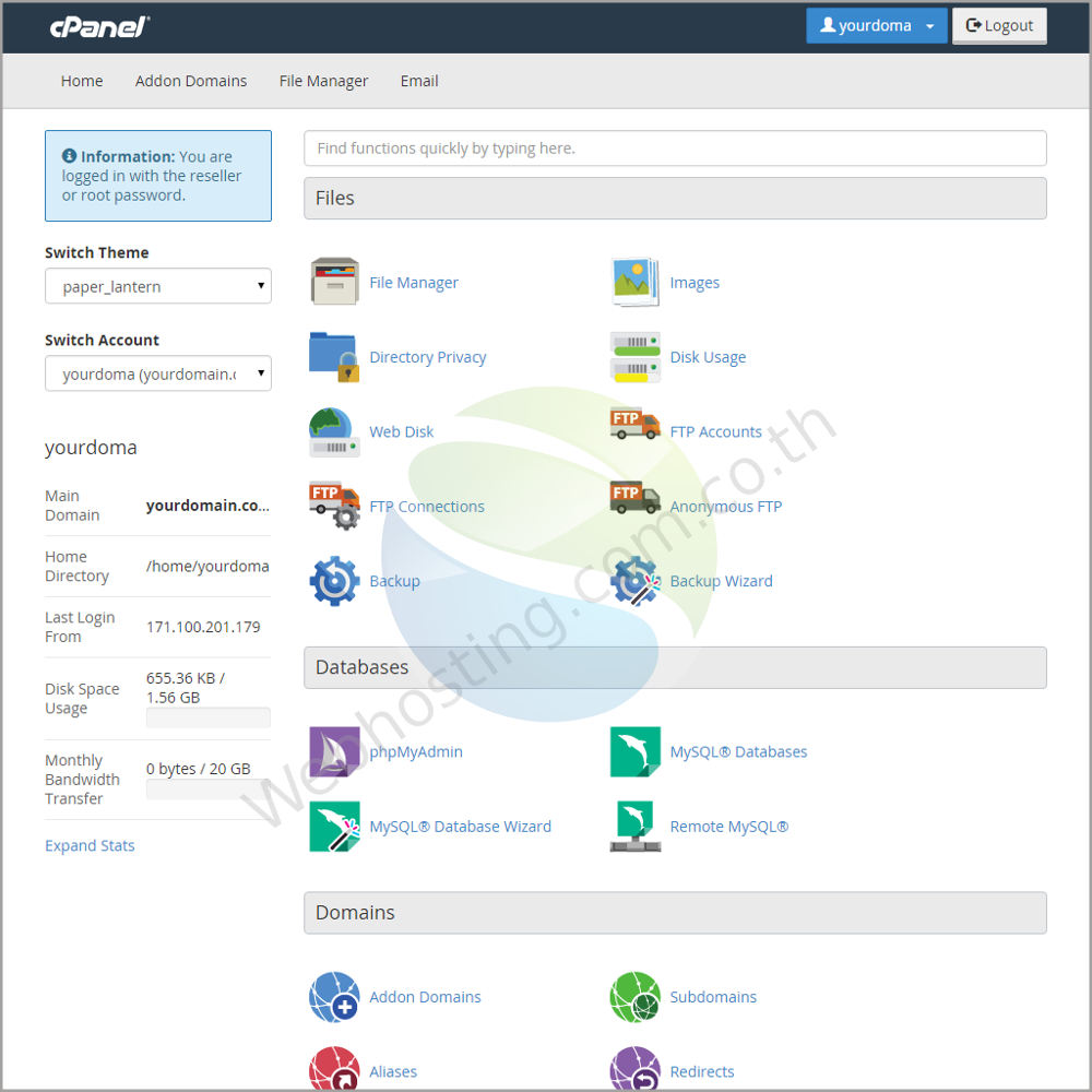 Cpanel web hosting แนะนำหน้าจอ cpanel screen - ระบบจัดการเว็บโฮสติ้งด้วย Cpanel หน้าจอหลัก ประกอบด้วย ฟังก์ชั่นการทำงาน ซึ่งเป็นระบบอัตโนมัติที่ช่วยให้ผู้ใช้ในการจัดการ ข้อมูลต่างๆ ของเว็บโฮสติ้ง /web hosting