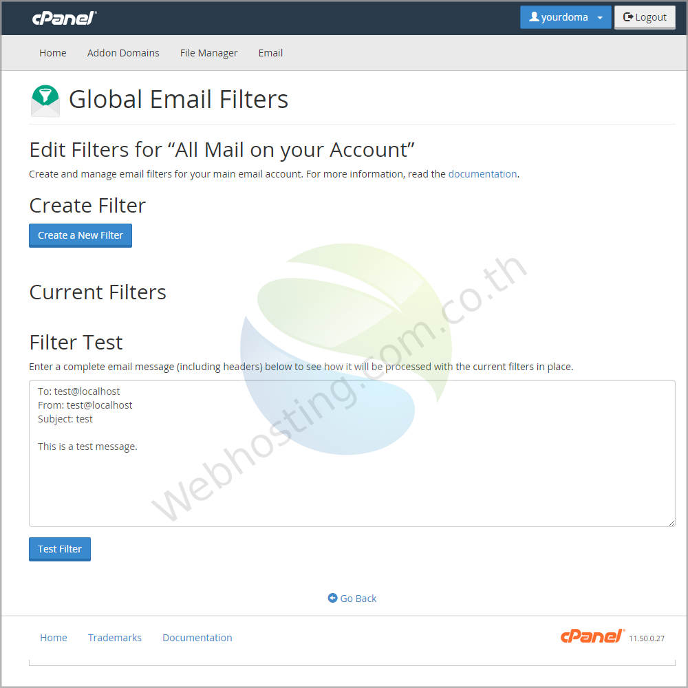 web hosting thai cpanel screen - ระบบจัดการเว็บโฮสติ้งด้วย Cpanel-ระบบจัดการเว็บโฮสติ้งด้วย Cpanel -Global Email Filter -หน้าจอสร้างและจัดการการกรองอีเมล