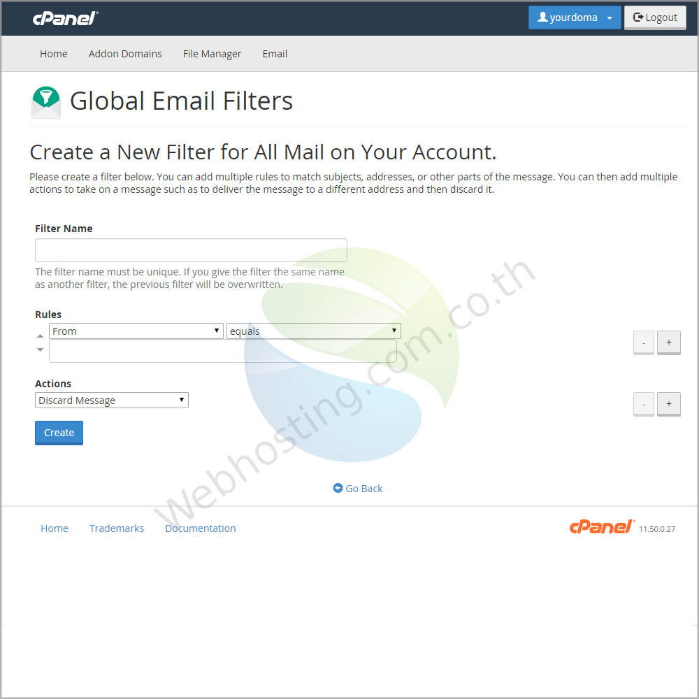 Cpanel web hosting แนะนำหน้าจอ cpanel screen - ระบบจัดการเว็บโฮสติ้งด้วย Cpanel Cpanel-Global Email Filter-หน้าจอสร้างและจัดการการกรองอีเมล์ (Add/Edit a filter) ซึ่งเป็นระบบอัตโนมัติที่ช่วยให้ผู้ใช้ในการจัดการ ข้อมูลต่างๆ ของเว็บโฮสติ้ง /web hosting