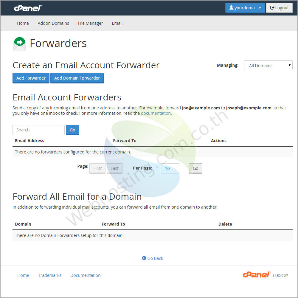 Cpanel web hosting แนะนำหน้าจอ cpanel screen - ระบบจัดการเว็บโฮสติ้งด้วย Cpanel-web hosting thai cpanel screen - ระบบจัดการเว็บโฮสติ้งด้วย Cpanel - FORWARDERS-หน้าจอสร้างและจัดการการกำหนดค่า เพื่อให้ อีเมล์ส่งต่อไปยัง account อื่นๆ