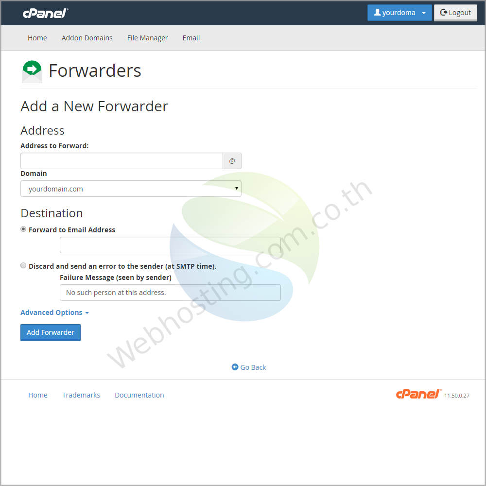 Cpanel web hosting แนะนำหน้าจอ cpanel screen - ระบบจัดการเว็บโฮสติ้งด้วย Cpanel-web hosting thai cpanel screen - ระบบจัดการเว็บโฮสติ้งด้วย Cpanel - FORWARDERS-หน้าจอสร้างและจัดการการกำหนดค่า เพื่อให้ อีเมล์ส่งต่อไปยัง account อื่นๆ