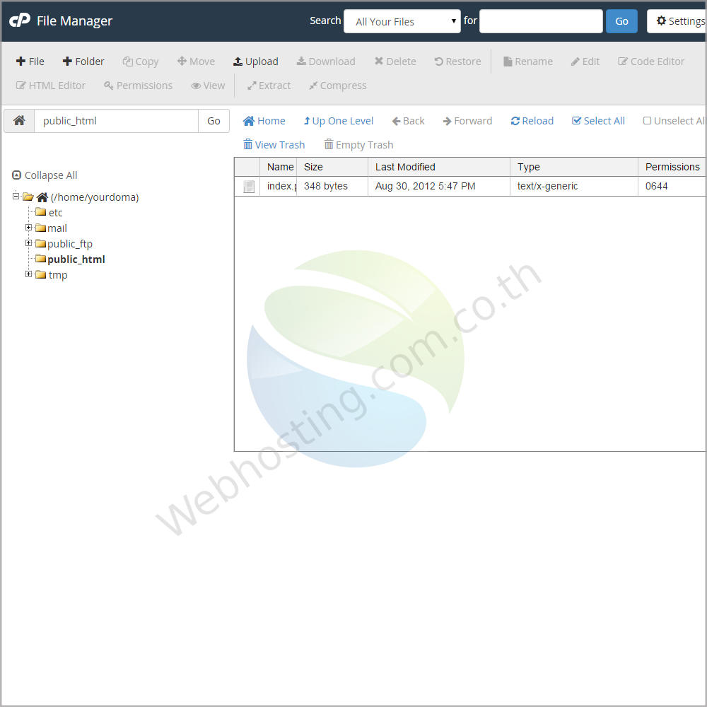web hosting thai cpanel screen - ระบบจัดการเว็บโฮสติ้งด้วย Cpanel-File Manager หน้าจอสำหรับจัดการไฟล์ /File ของเว็บไซต์ ผ่านเว็บบราว์เซอร์ ช่วยให้คุณสามารถทำงานได้ครอบคลุม ทั้งในด้านการอัปโหลดไฟล์, สร้างโฟลเดอร์, ลบ ตลอดจนการแก้ไขไฟล์โดยไม่ยุ่งยาก และเข้าใจง่าย