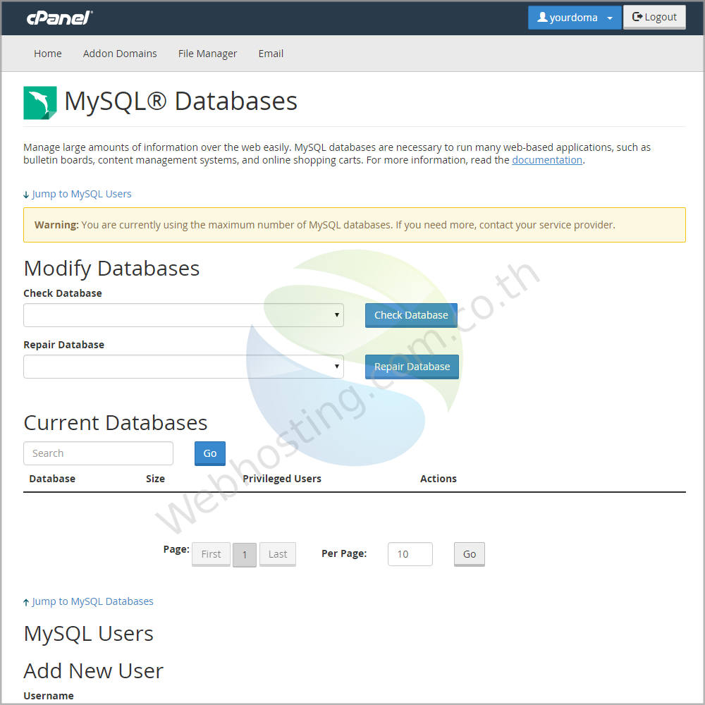 web hosting thai cpanel screen - ระบบจัดการเว็บโฮสติ้งด้วย Cpanel - mySql database เป็นหน้าจอใช้สำหรับการจัดการฐานข้อมูล mySql database